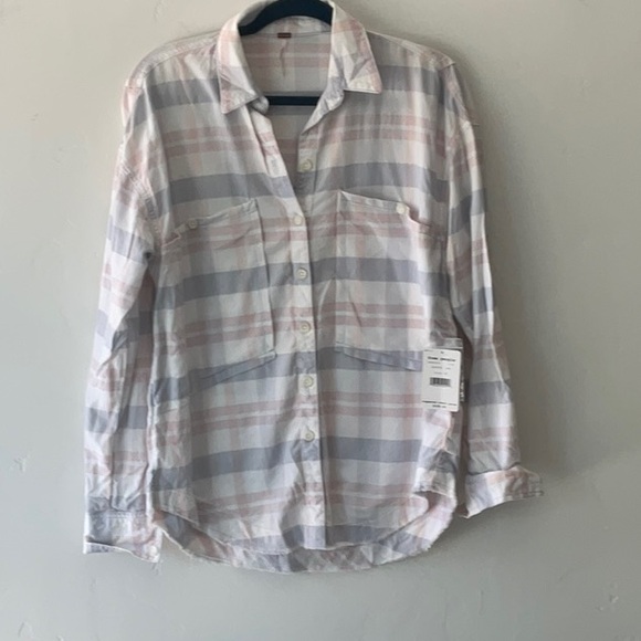 Free People Pink and Gray Casual Button Down Shirt